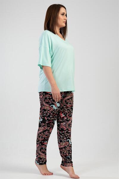 VİENETTA Vienetta Mint Kadın Kısa Kollu Büyük Beden Pijama Takımı