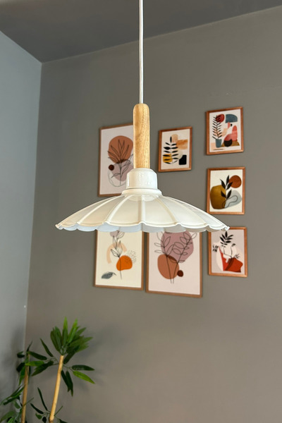 Bamyum Risso Beyaz Tekli Metal Avize Ahşap Başlık Cafe Mutfak Modern Dekoratif Sarkıt Aydınlatma