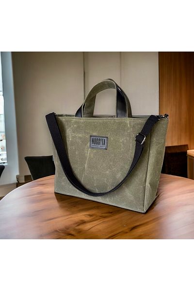Nuggita Zippered Medium Size Waxed Canvas Khaki Color Handbag / Crossbody Bag and Black Detail