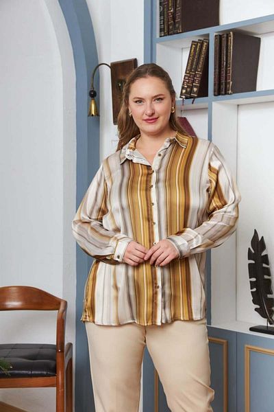 RMG Striped Patterned Large Size Satin Shirt Mustard1