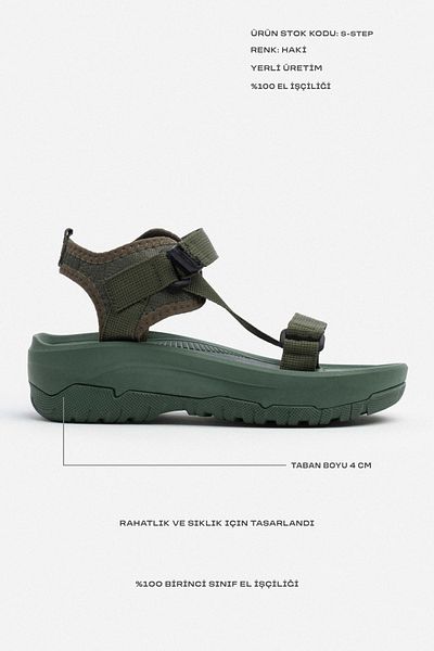 NİŞANTAŞI SHOES S-Step Khaki Cross Detail Klettverschluss dicke Sohle Damen Sandalen
