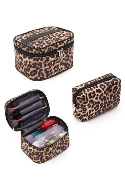 NS reliable Πρακτικό 2-Piece Makeup Organizer Το κομψό σετ μακιγιάζ ταξιδιού είναι πολυλειτουργικό με το Leopard Model.