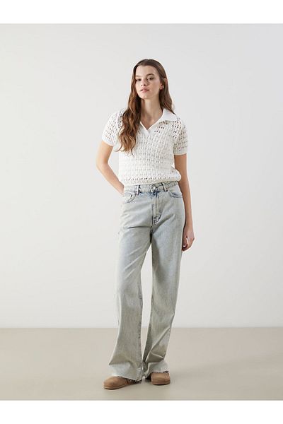 LC Waikiki Ecru Polo Neck Openwork Women's Knitwear Sweater