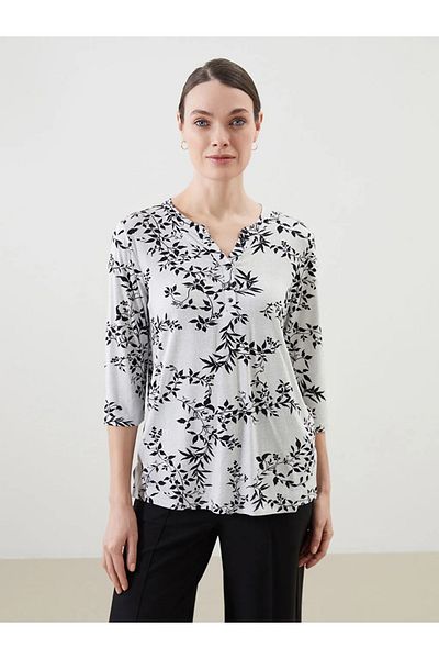 LC Waikiki Γυναικεία φλοράλ μπλούζα LCW Grace Ecru Crew Neck