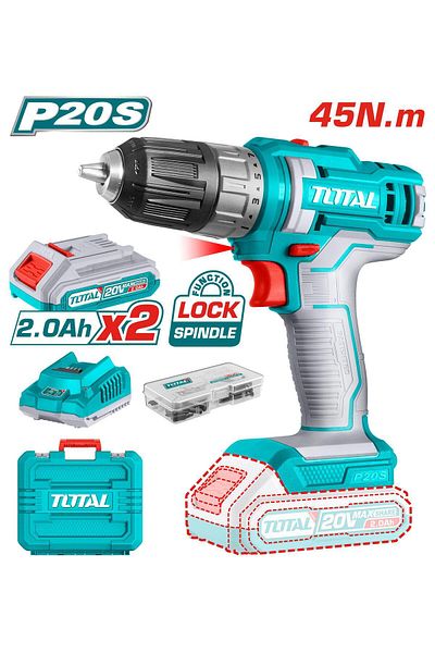 TOTAL دريل بطارية 20v 45n.m شنطة بلاستيك مع بطارية إضافية و شاحن