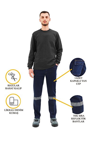 Kawork Mavi Likralı Bel Lastikli Rahat Kalıp Kot Lycra Kot Reflektif Iş Pantolon