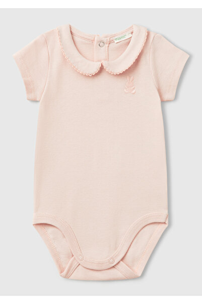United Colors of Benetton Baby Powder Pink Logo Embroidered Snap Fastener Baby Collar Short Sleeve Bodysuit