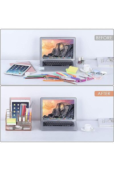 COOYA Desk Organizer,Cute Desktop with Pen Holder,Mesh Office Supplies,5 Compartments + 1 Sliding Drawer
