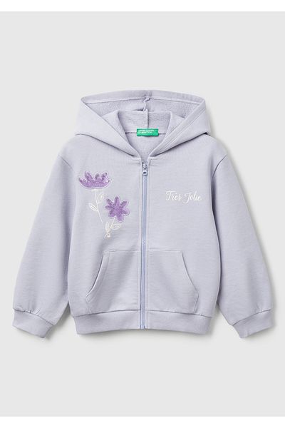 United Colors of Benetton Hanorac cu glugă cu fermoar brodat cu paiete liliac pentru fete