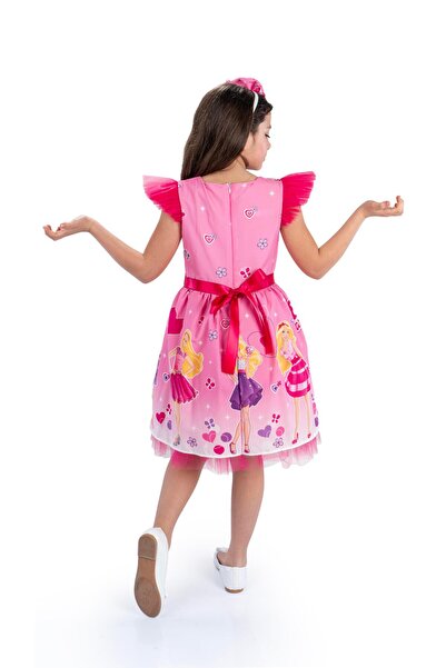 Buse&Eylül Bebe Pink Printed Crown Girl's Birthday Party Dress
