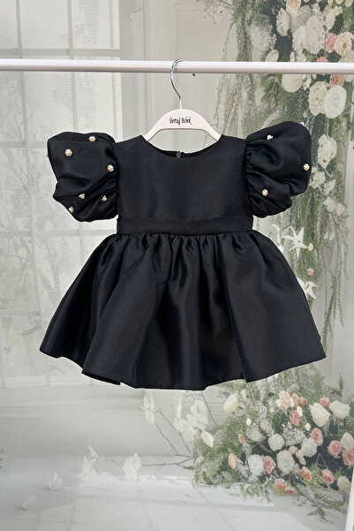Bertuğ Bebek İncili Kız Çocuk Bebek Siyah Parlak Abiye Elbise