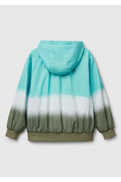 United Colors of Benetton Boy's Turquoise Sleeve Logo Embroidered Zippered Hooded Raincoat