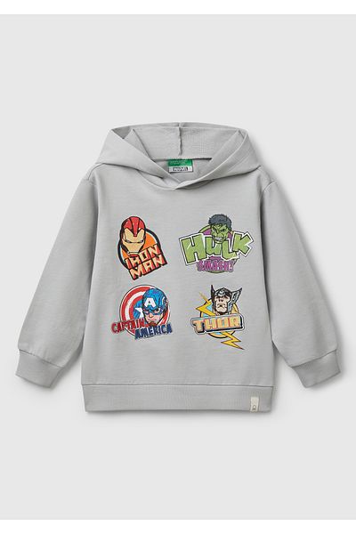 United Colors of Benetton Hanorac cu glugă cu logo-ul cu etichetă imprimată Marvel Hero Gri Melange pentru băiat