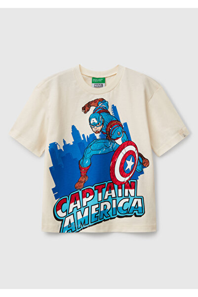 United Colors of Benetton Boy's Ecru Marvel Hero Printed Logo Label T-Shirt