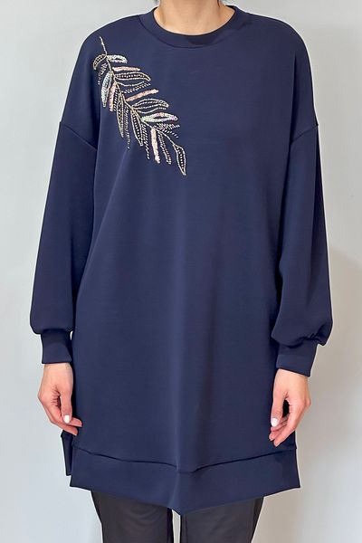 REMSA Sequin Leaf Embroidered Modal Sweat Tunic 10629 Navy Blue