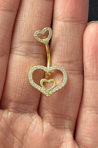TAKIŞTIR Gold Color Heart Figured Stone Detailed Surgical Steel Belly Piercing