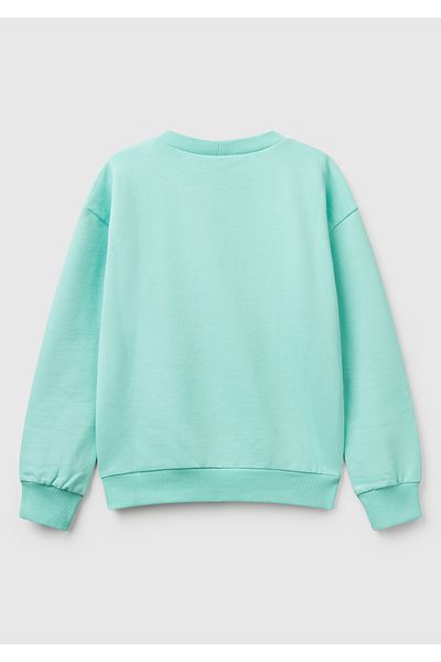 United Colors of Benetton Girl's Aqua Green Peanuts Printed Crew Neck Sweatshirt with Logo Label
