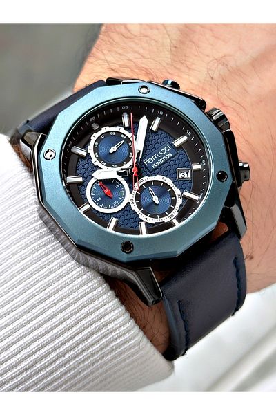 Ferrucci Function Function Dark Blue Color 3 Atm Waterproof Leather Cord Men's Wristwatch