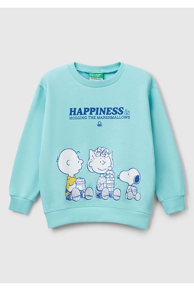 United Colors of Benetton Момчешки суитшърт с кръгло деколте и лого с принт Aqua Green Peanuts