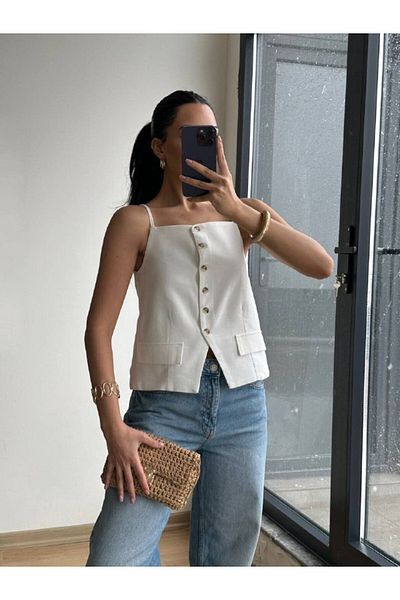 RM Collect Crop Vest with Suspender Button Detail