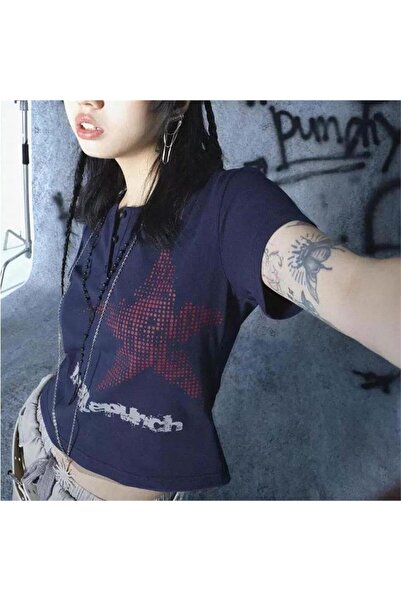 Karakedi Crop cu mânecă scurtă Y2K Red Harajuku Star Punch bleumarin