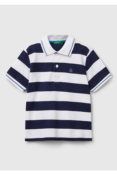 United Colors of Benetton Boy's Navy Blue Mix Striped Logo Embroidered Polo T-Shirt