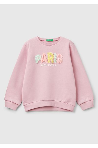 United Colors of Benetton Girl's Pink Graphic Printed Ribbed Crew Neck Sweatshirt