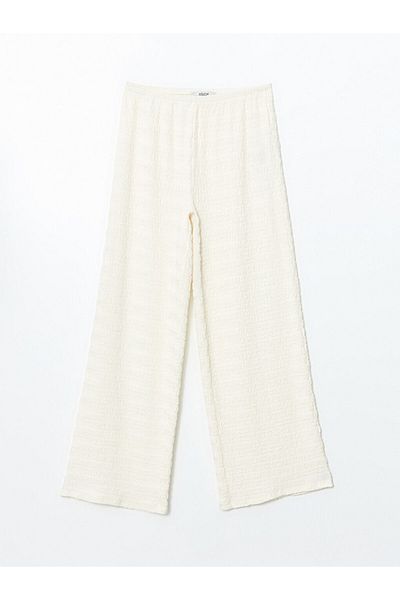 LC Waikiki Xside Ecru Elastic Waist Textured Wide Leg Women's Trousers