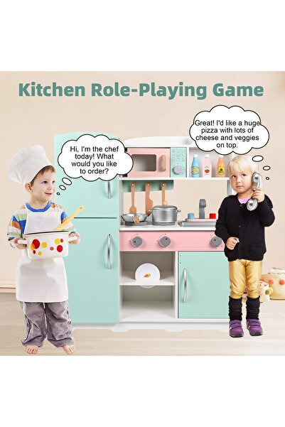 Ma Baby Wooden Pretend Play Kitchen Set Toy Kitchen Set with Stove,Oven,Sink,Fridge and 11 Pcs