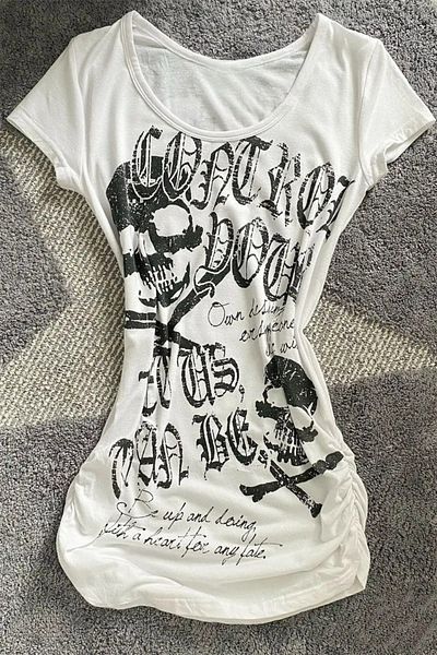 Karakedi White Gothic Skulls Control Wide Collar Y2K Short Sleeve Crop