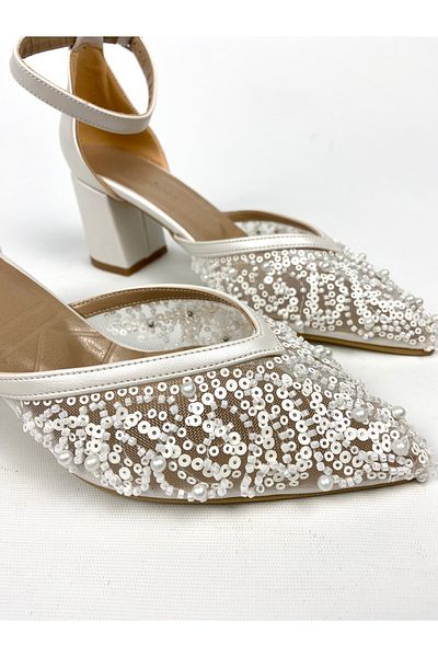 Gloriys Ayakkabı & Çanta Mother of Pearl Mesh Pearled 6 cm Thick Heeled Shoes 01328 Evening Dress Shoes - Wedding Dress Shoes
