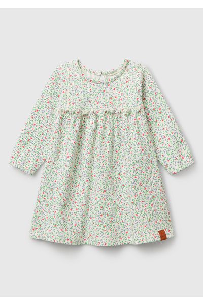 United Colors of Benetton Baby Ecru All Patterned Pleated Long Sleeve Dress with Ruffle Detail on the Front