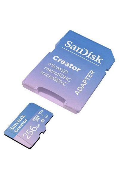SanDisk بطاقة ذاكرة Creator microSDXC UHS-I A2 V30 بسعة 256 جيجابايت مع محول