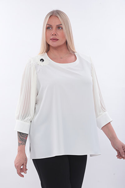 KİFAYET 16778 Broşlu Kolları Şifon Pliseli Jesika Bluz (R) (B102)