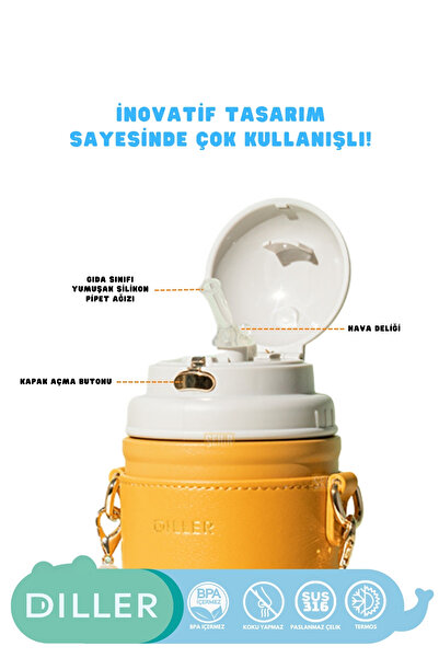 DILLER 580ml Yeni Koleksiyon Moda Deri Kılıflı İnci Süslü Pipetli Askılı Paslanmaz Çelik Termos Matara