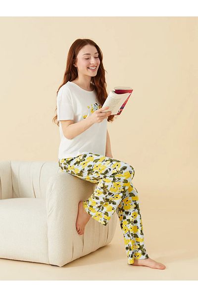 LC Waikiki Blue Petite Elastic Waist Floral Pantaloni de pijama pentru femei