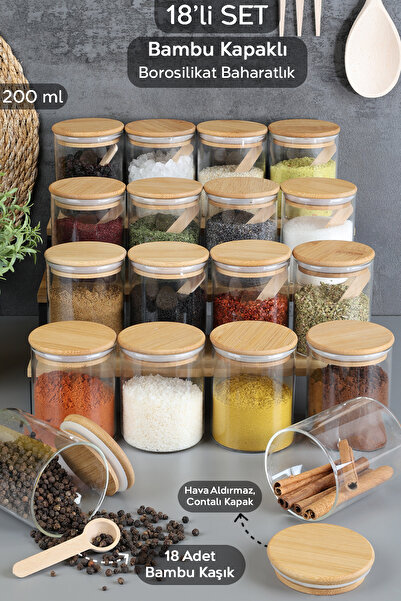Meleni Home Σετ 18 γυάλινων δοχείων μπαχαρικών με καπάκια από μπαμπού και κουτάλια - Δοχείο αποθήκευσης μπαχαρικών από γυαλί κενού αέρος 200 ml
