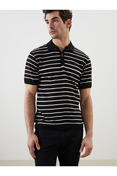 LC Waikiki Black Polo Neck Short Sleeve Striped Men's Knitwear Sweater