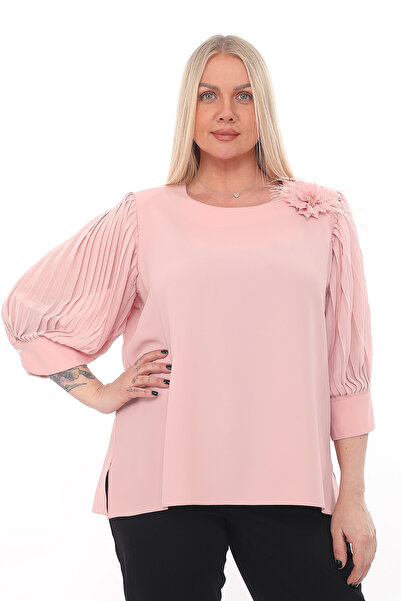 KİFAYET Bluză Jesika cu mâneci și broșă din șifon plisat (R) (B102)