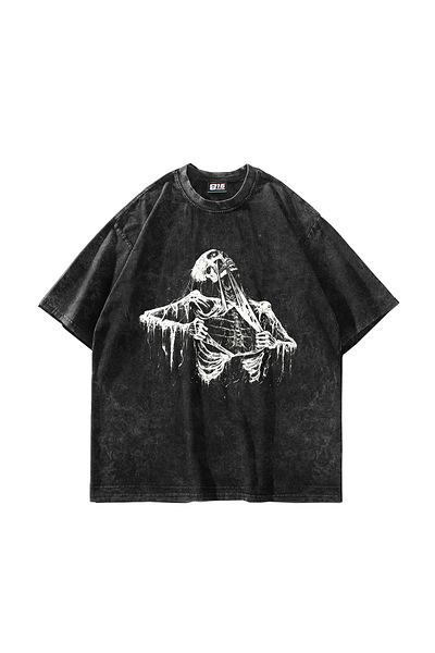 Sekizbiraltı Unisex Oversize Μαύρο T-Shirt - Skeleton Printed Washable