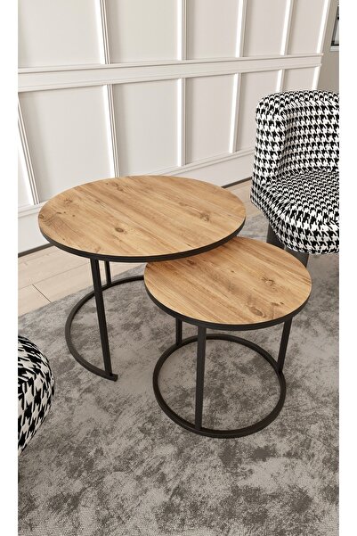 KZY Mobilya Lüx Yuvarlak İkili Orta Sehpa Atlantik Çam