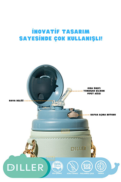 DILLER 580ml Yeni Koleksiyon Moda Deri Kılıflı İnci Süslü Pipetli Askılı Paslanmaz Çelik Termos Matara