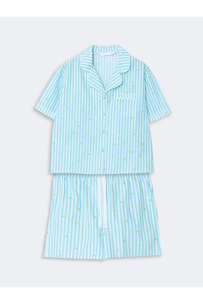 LC Waikiki Lcw Dream Blue Shirt Collar Striped Women's Pajama Set with Shorts