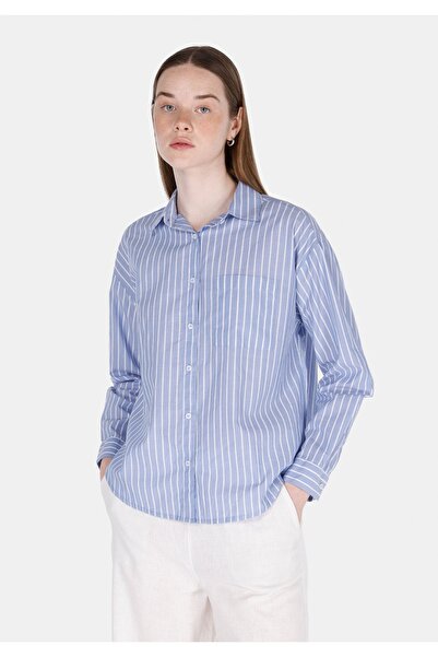 Colin's Cămașă cu mânecă lungă, albastră, cu dungi, cu gâtul obișnuit