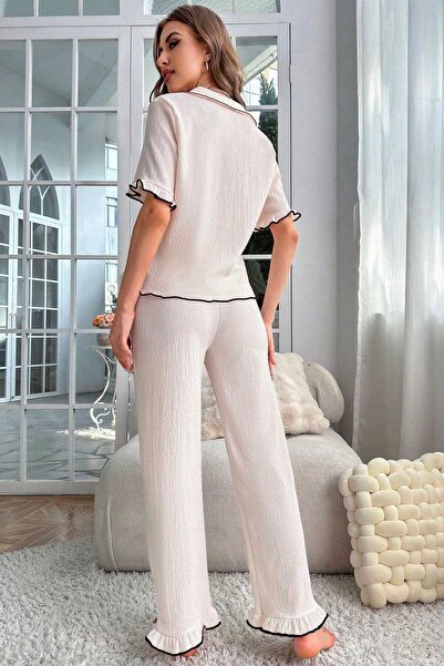 Tarzınbu Ekru Siyah Biyeli Kadın Uzun Pijama Takımı