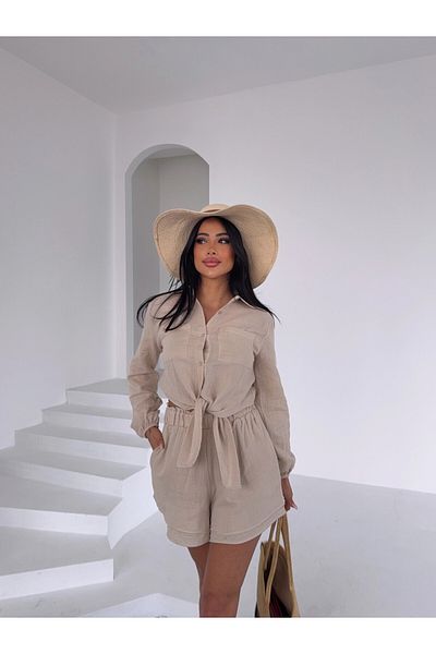 hazelin Women Beige Muslin Linen Shorts Shirt Bottom Top Suit Hzl25S-Dsb1012