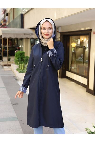 HARMONY GLOBAL Women's Navy Blue Ankle and Striped Hooded Bondip Long Trench Coat Cap