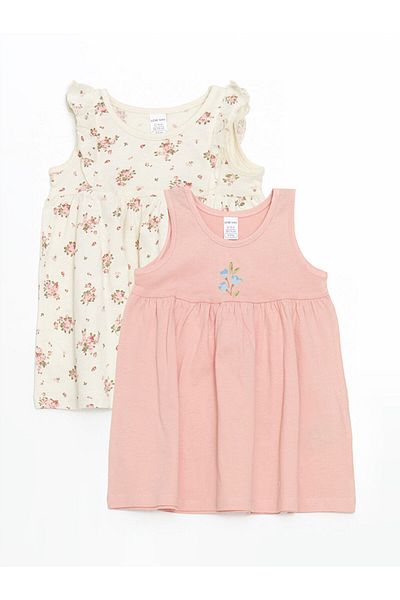 LC Waikiki Floral Combed Cotton Pleated Baby Girl Dress 2 Pack