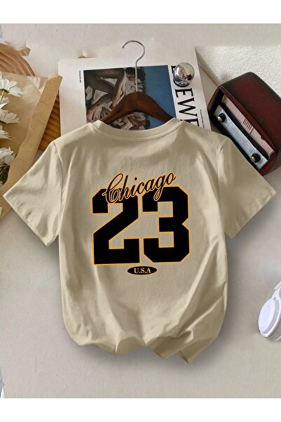 GLOWES Παιδικό Unisex Μπεζ Chicago 23 μπροστινό-πίσω εμπριμέ μπλουζάκι Oversize