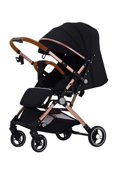 BabyCara Reversible Baby Stroller For Travel With Wide Canopy, High Landscape Golden Frame, Big Basket
